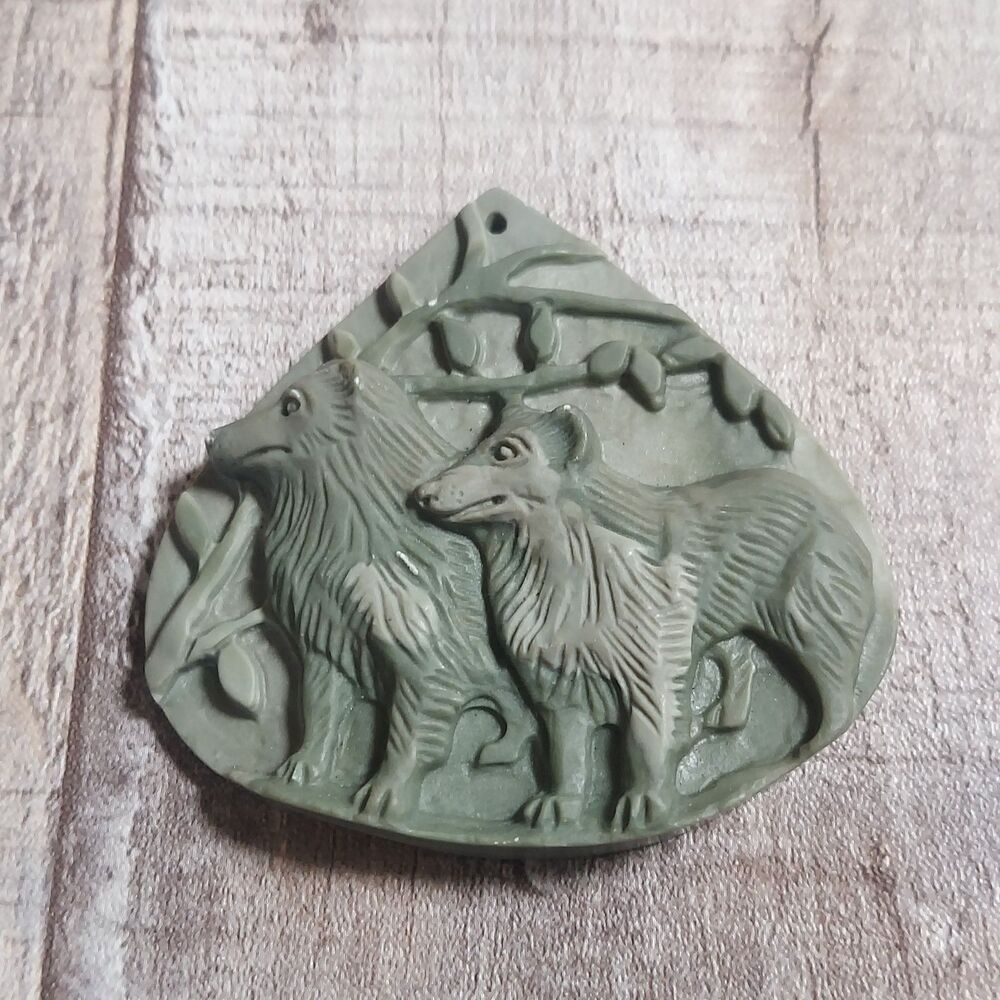 Vintage Drilled Stone for Pendant Hand Carved Dogs Wolves